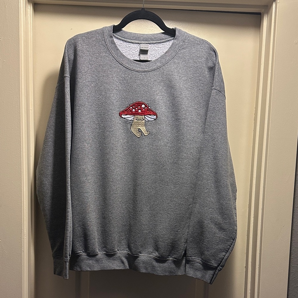 Gildan Gray Sweatshirt with Red Mushroom Design